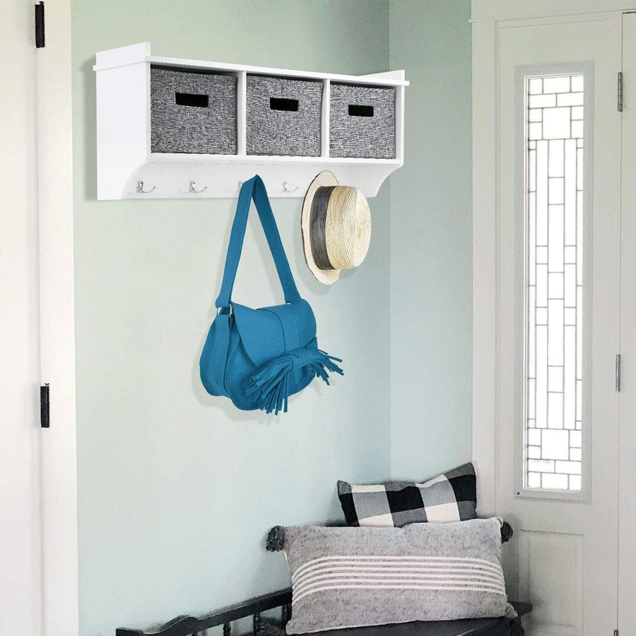Wood Wall Coat Rack with 5 Hooks & 3 Fabric Baskets Entryway Storage Shelf