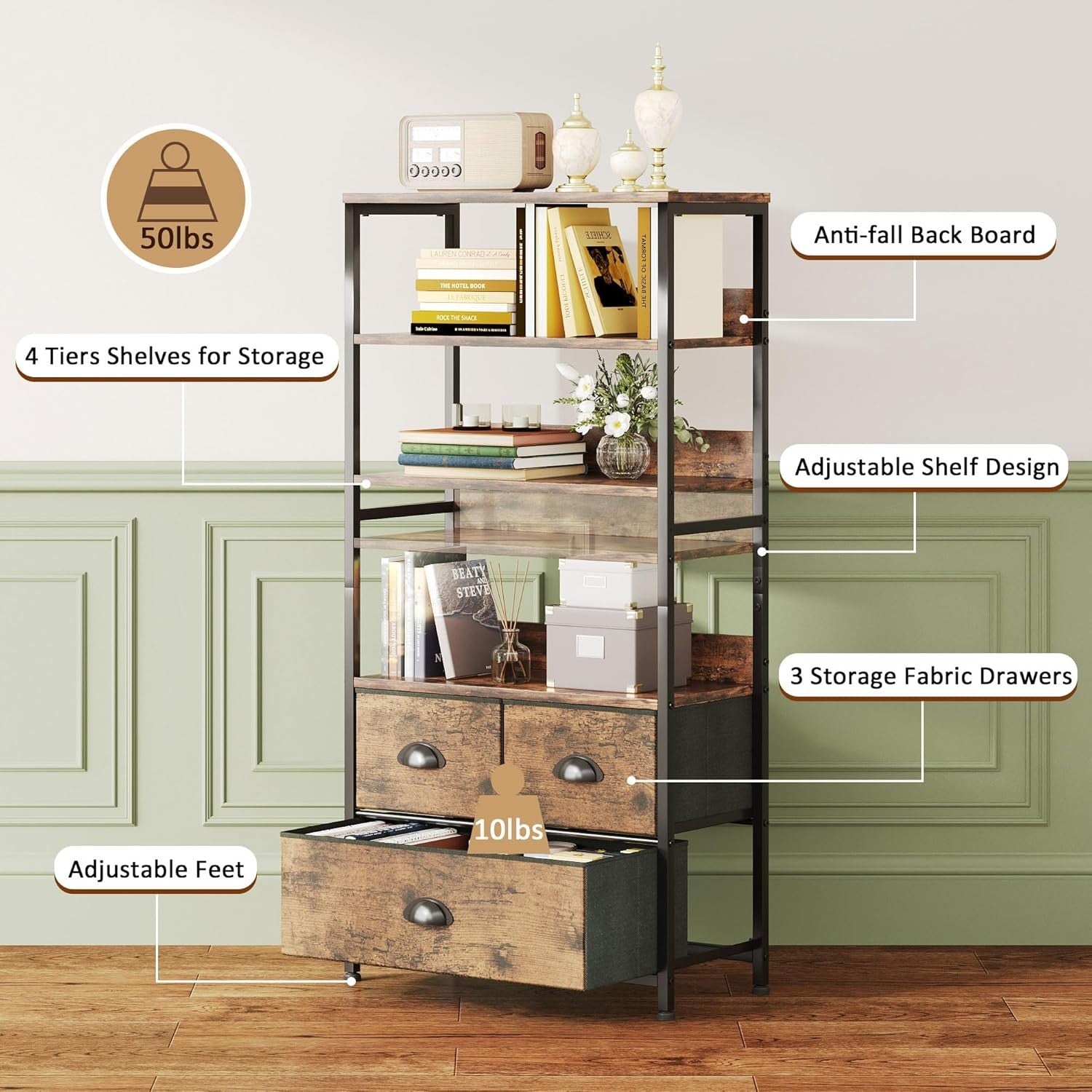 4 Tier Rustic Bookshelf with 3 Drawers Industrial Storage Cabinet Shelves Brown