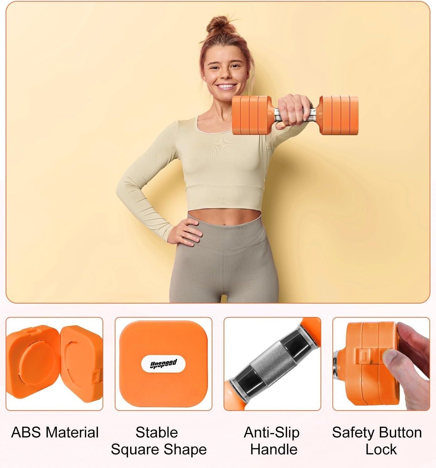 20LB Adjustable Dumbbells Pair 4-in-1 Anti-Roll Orange Home Gym Weights
