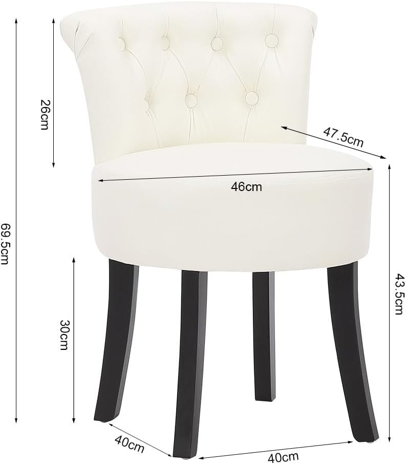Beige Linen Vanity Chair with Tufted Back & Solid Wood Legs – Comfy Makeup Stool