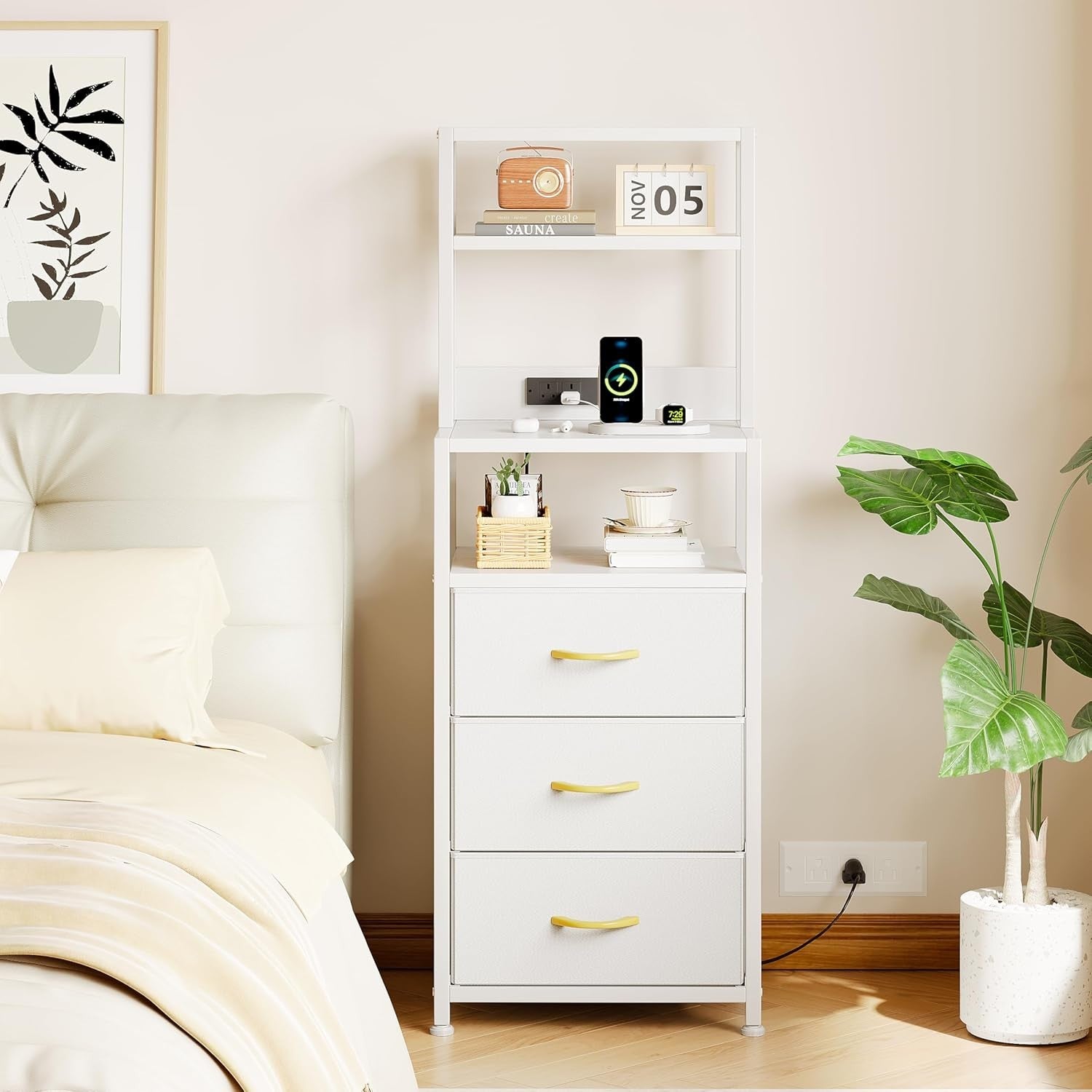 Tall Bedside Table with USB Charging, 3 Drawers + Shelves