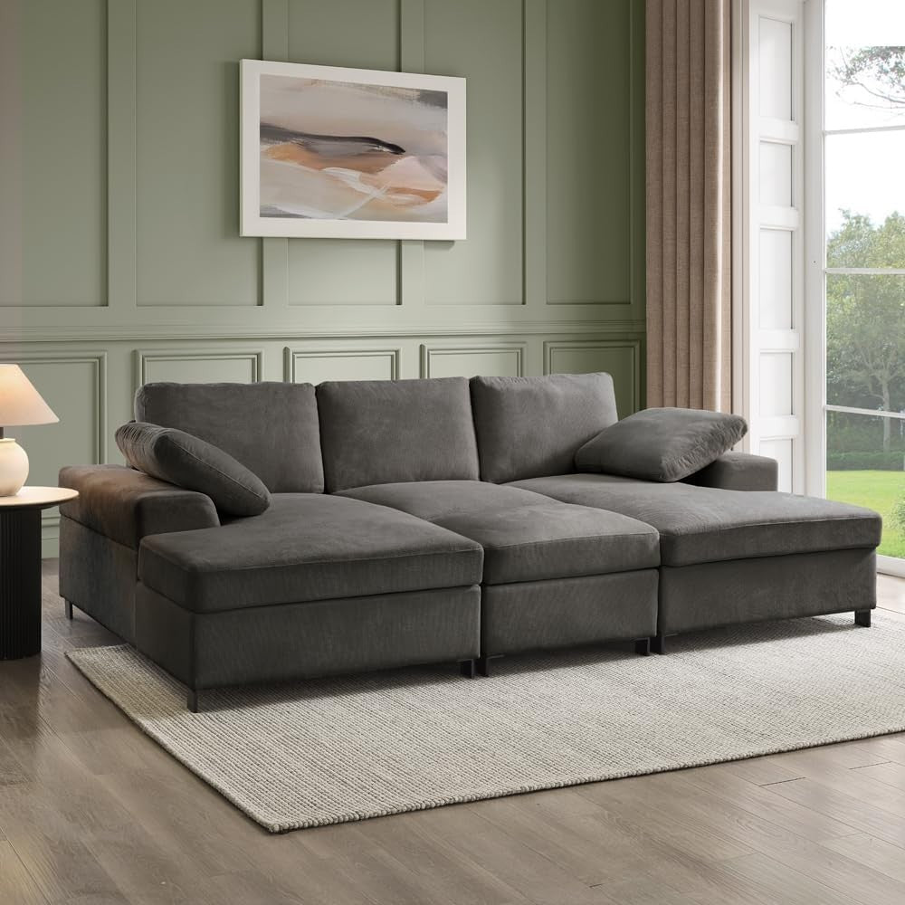 Grey Fabric U-Shaped 5 Seater Sofa with Chaise & Storage Footstool Option