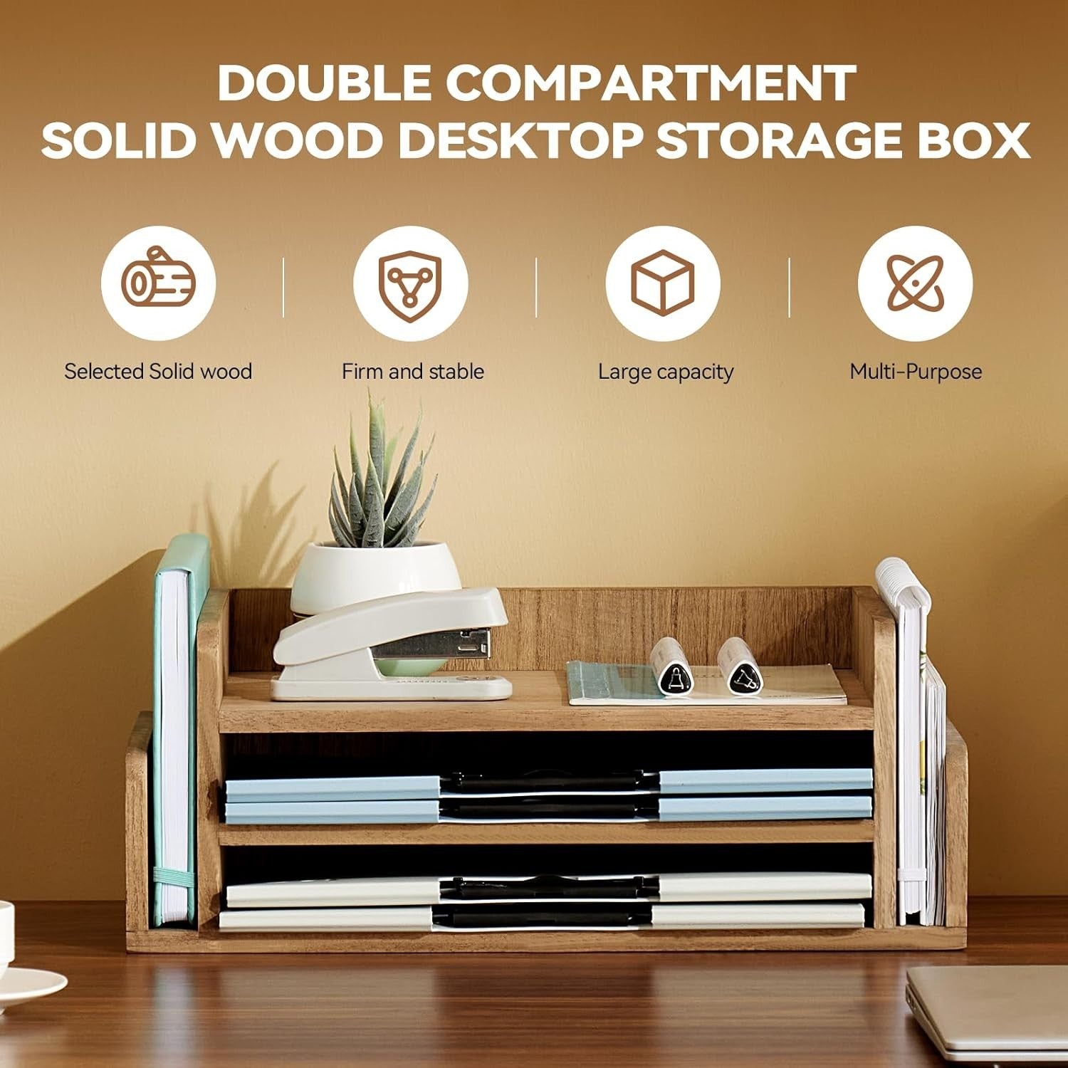 3-Tier Wooden Desk Document Tray Organizer for Mail, Files & Stationery