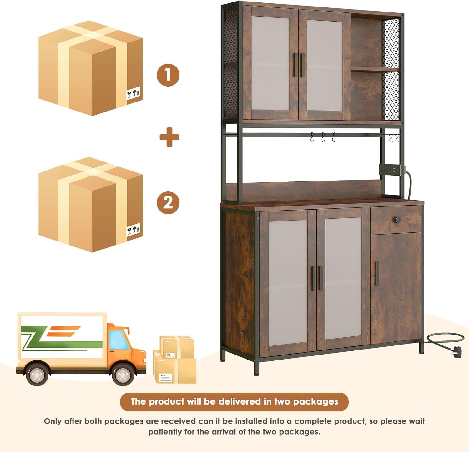 Rustic Brown & Black Tall Kitchen Pantry Cupboard 5 Doors 1 Drawer