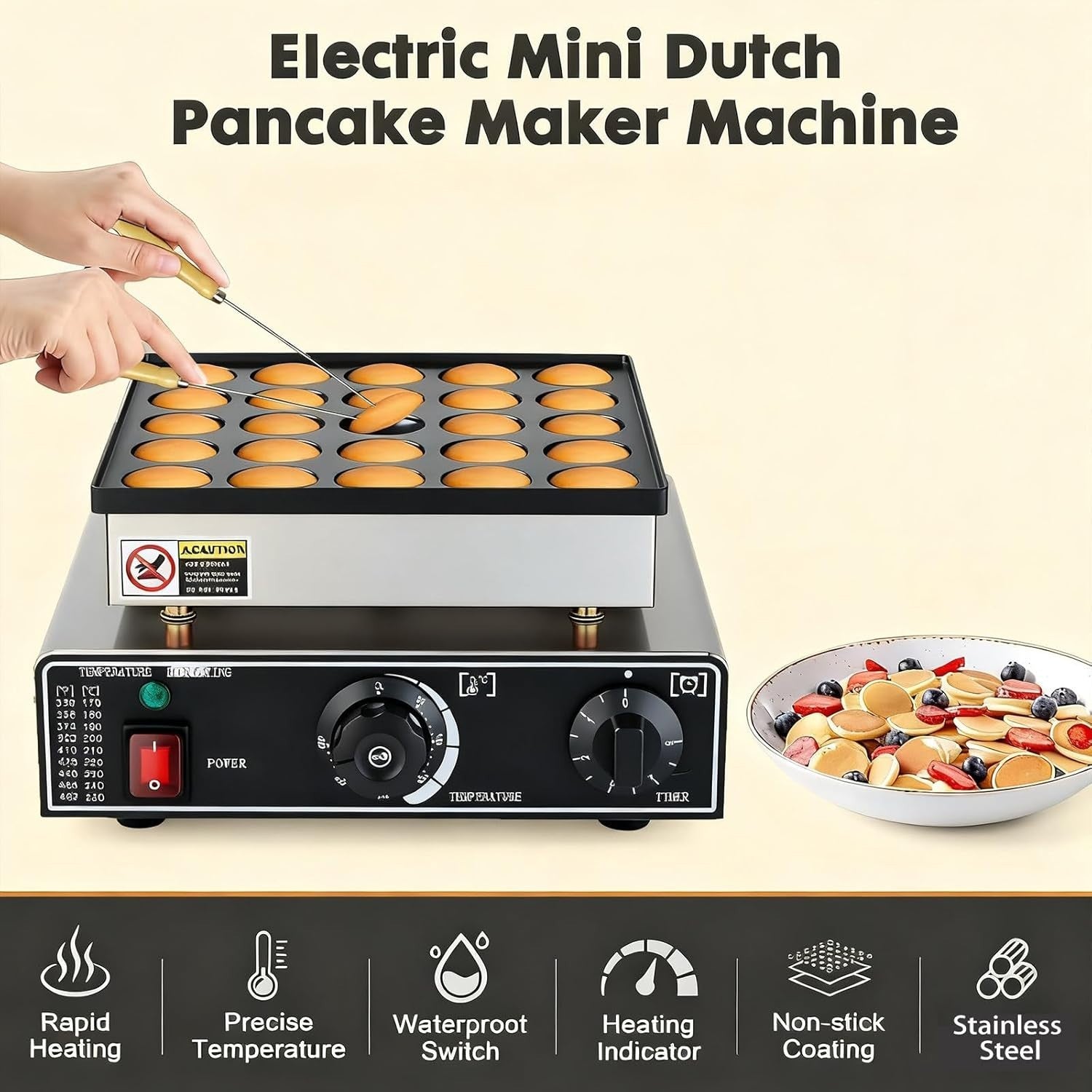 Commercial Mini Dutch Pancake Maker 25-Hole Non-Stick Electric 900W
