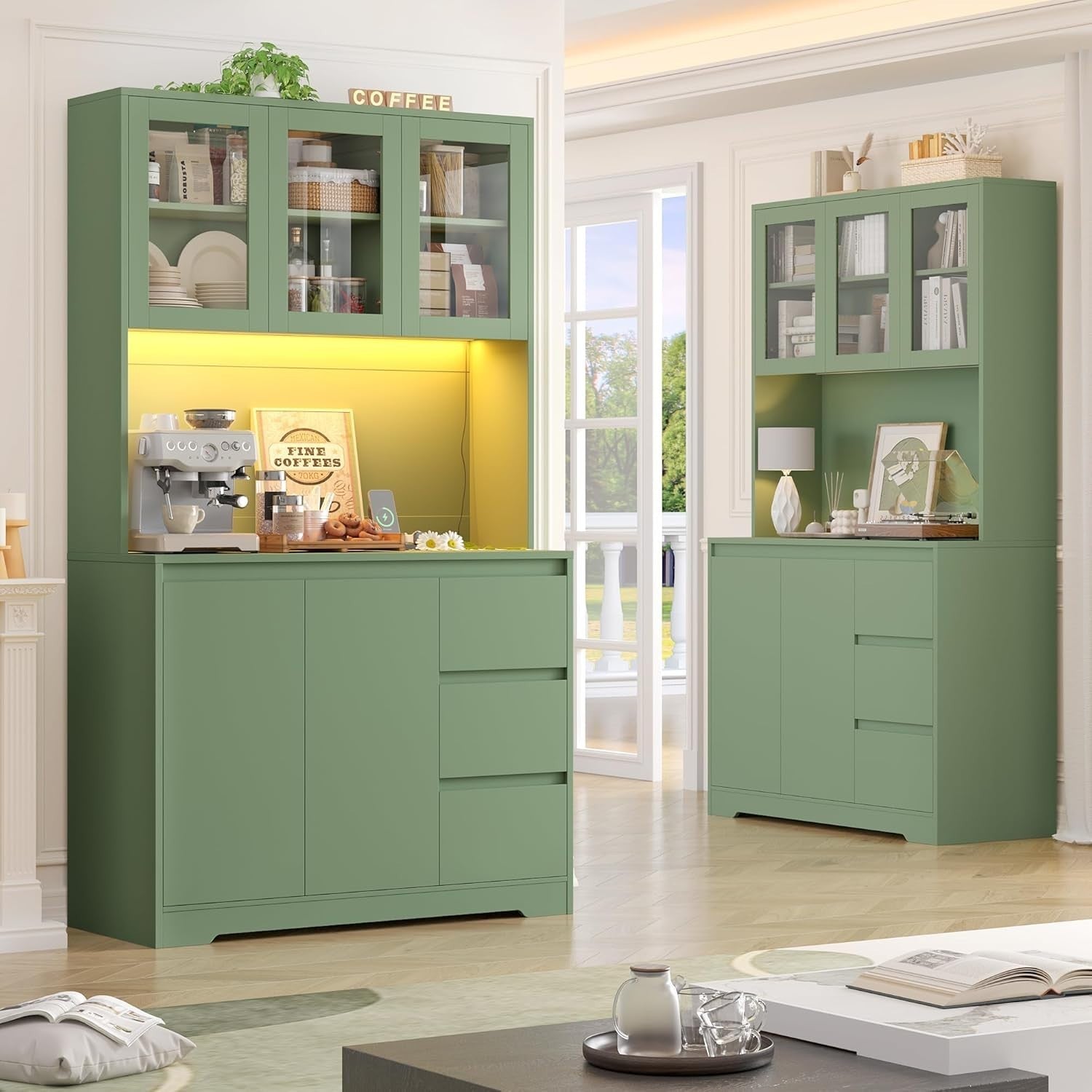 Green Tall Kitchen Cupboard with LED, Sockets, Drawers & Shelves