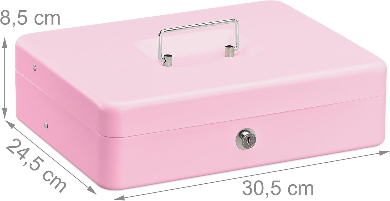 Pink Lockable Cash Box Coin Tray Money Storage Case with Keys