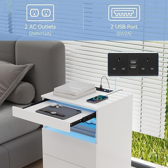 Smart LED Bedside Table with Charging Ports, 2 Drawers & Pull-Out Tray