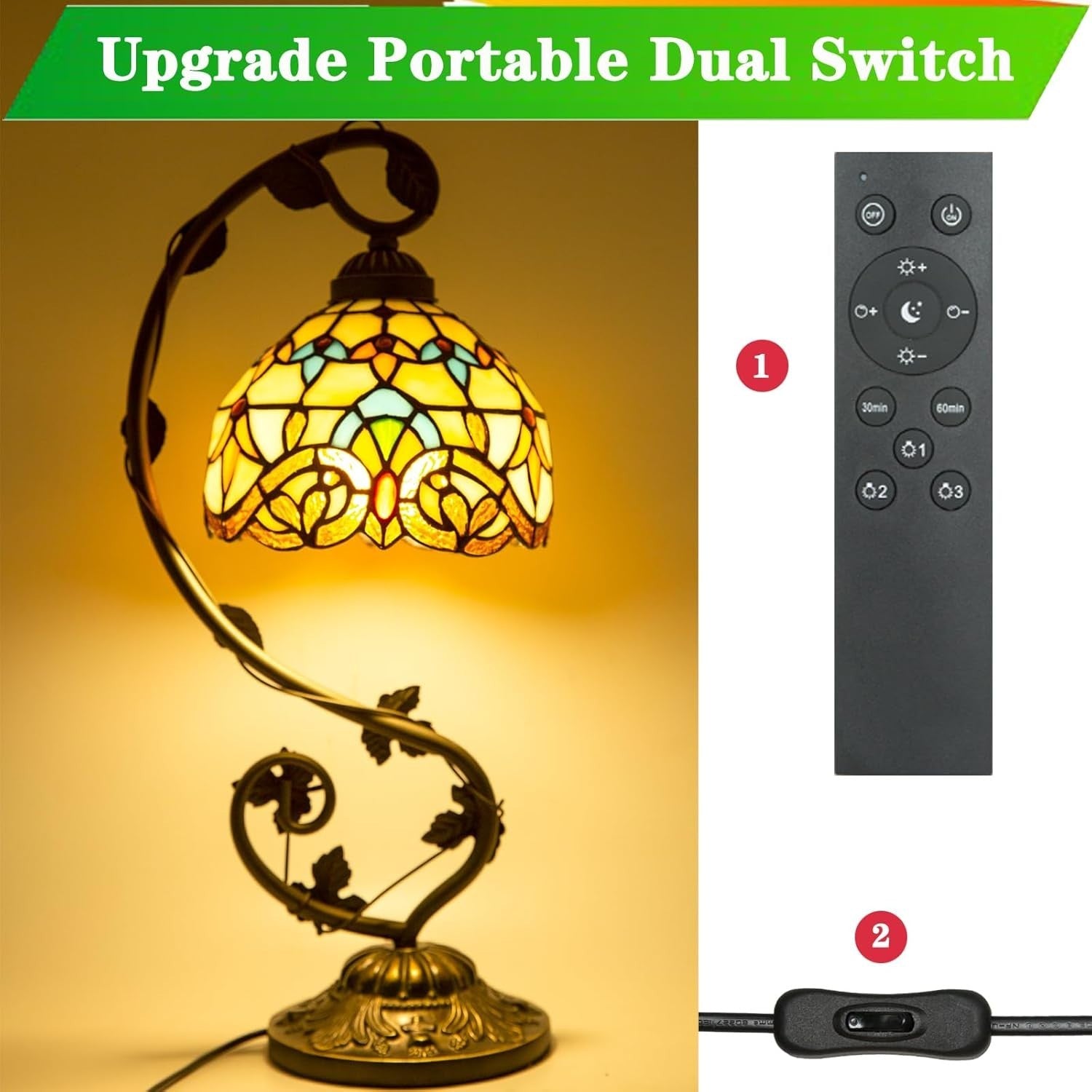 Stained Glass Table Lamp Remote Control Dimmable LED 3-Colour Light