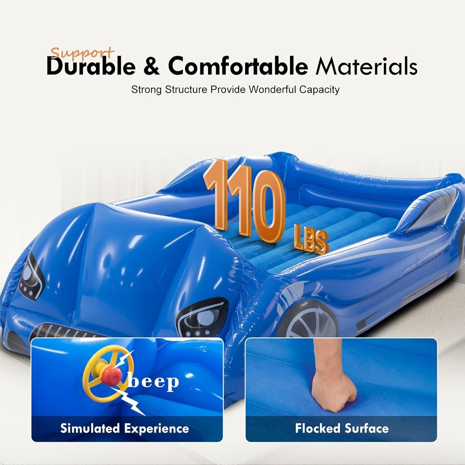 Kids Inflatable Travel Bed Toddler Air Mattress with Safety Sides Blue