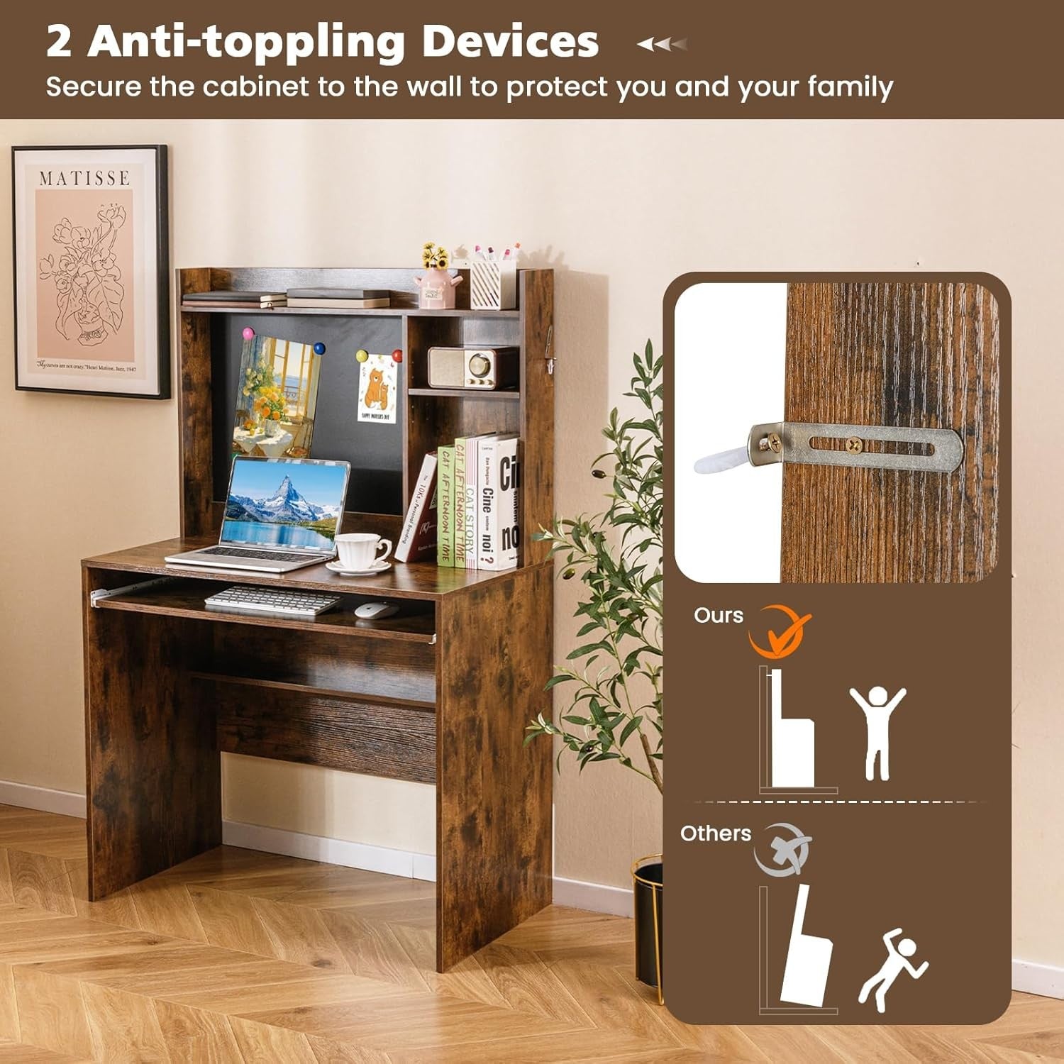Computer Desk with Hutch Storage Keyboard Tray Study Workstation Rustic
