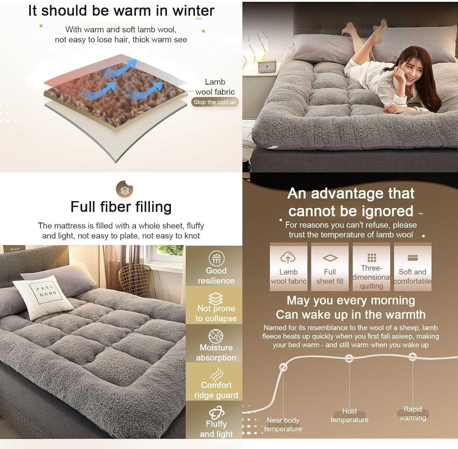 Extra Thick Shaggy Floor Mattress Queen Size Roll Up Bed Futon Pad Grey - Queen
