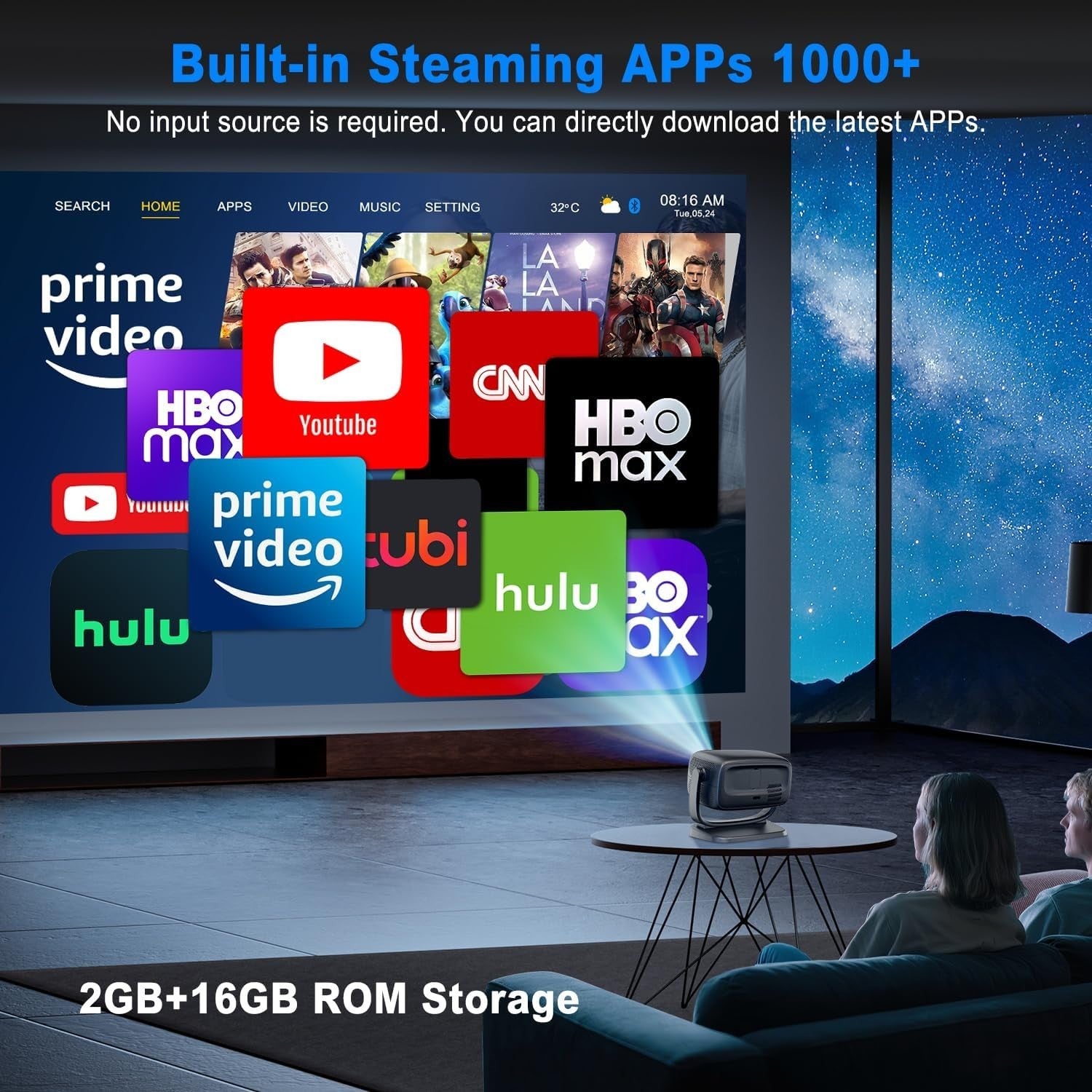 Smart 1080P Projector WiFi 6 Bluetooth 4K Support 26000L 180°