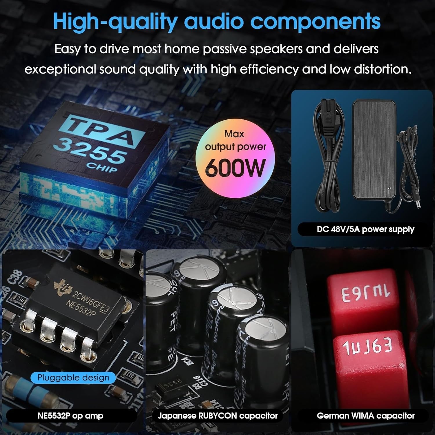 Mini HiFi Stereo Amplifier 600W Class D Phono RCA TPA3255