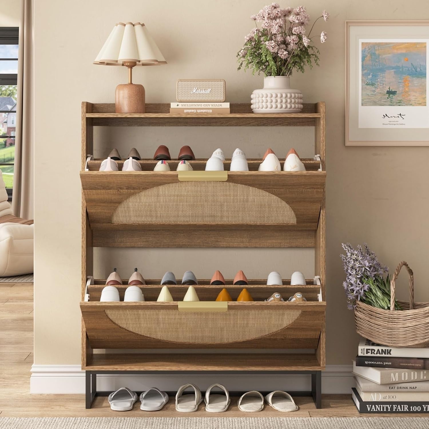 Narrow Flip Drawer Shoe Cabinet for 20-28 Pairs, Rustic Rattan Storage