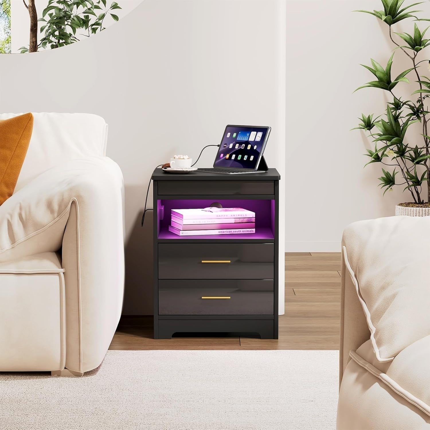 Black LED Bedside Table with USB Charging Ports, Lockable Drawers & RGB Lights