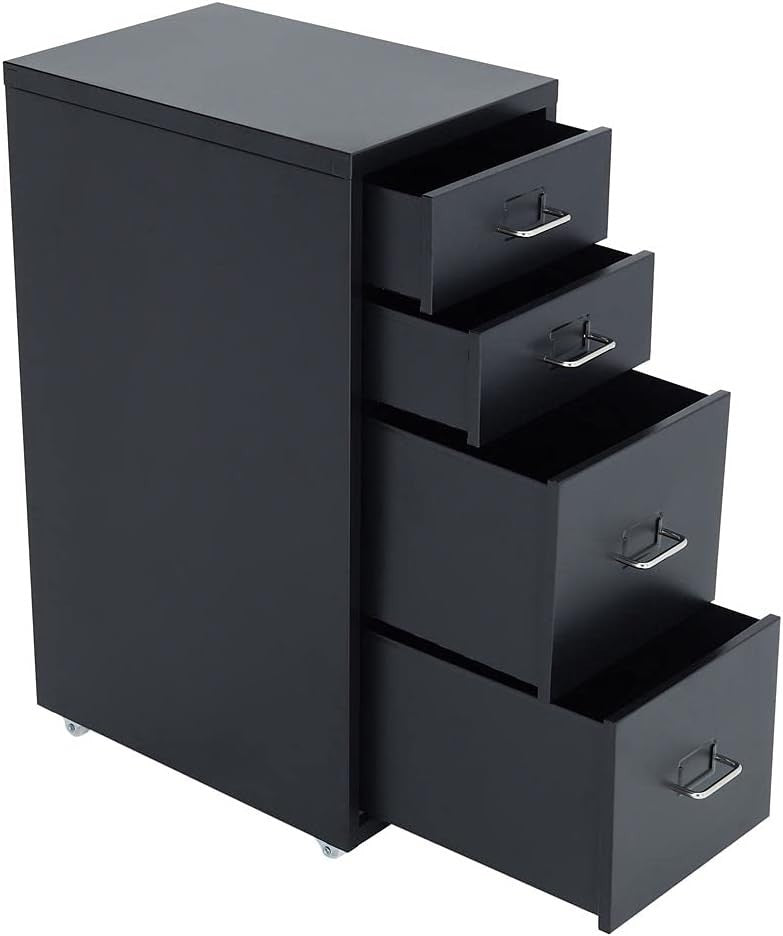 Black Mobile Filing Cabinet 4 Drawer 68cm Rolling Office Storage