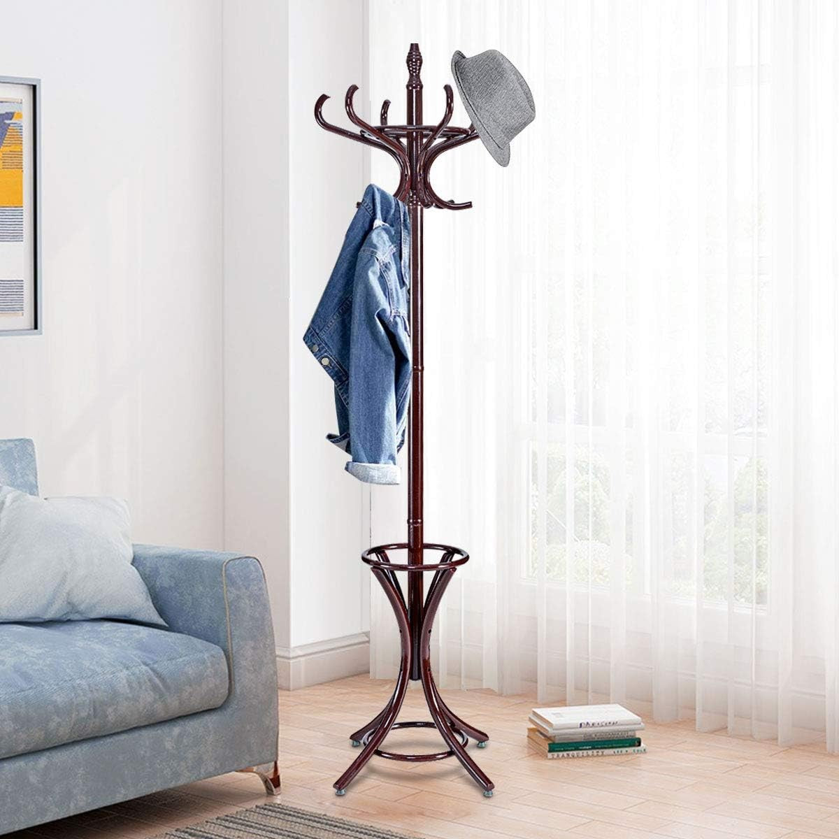 Mahogany Solid Wood Coat Rack with 12 Hooks & Umbrella Holder | Freestanding