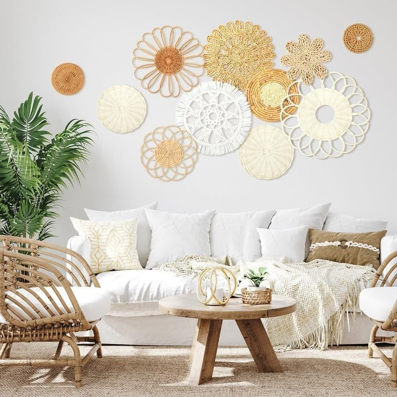 12PCS Boho Woven Wall Baskets Multi-Size Bulrush Rustic Decor