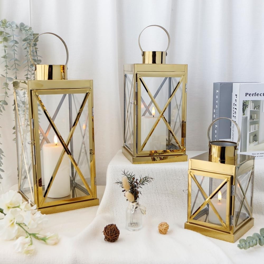 Set of 3 Gold Stainless Steel Lanterns Candle Holders