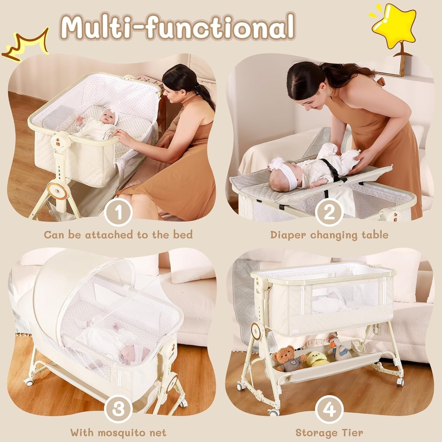 5in1 Baby Bedside Crib Adjustable Height Travel Cot with Mattress & Storage