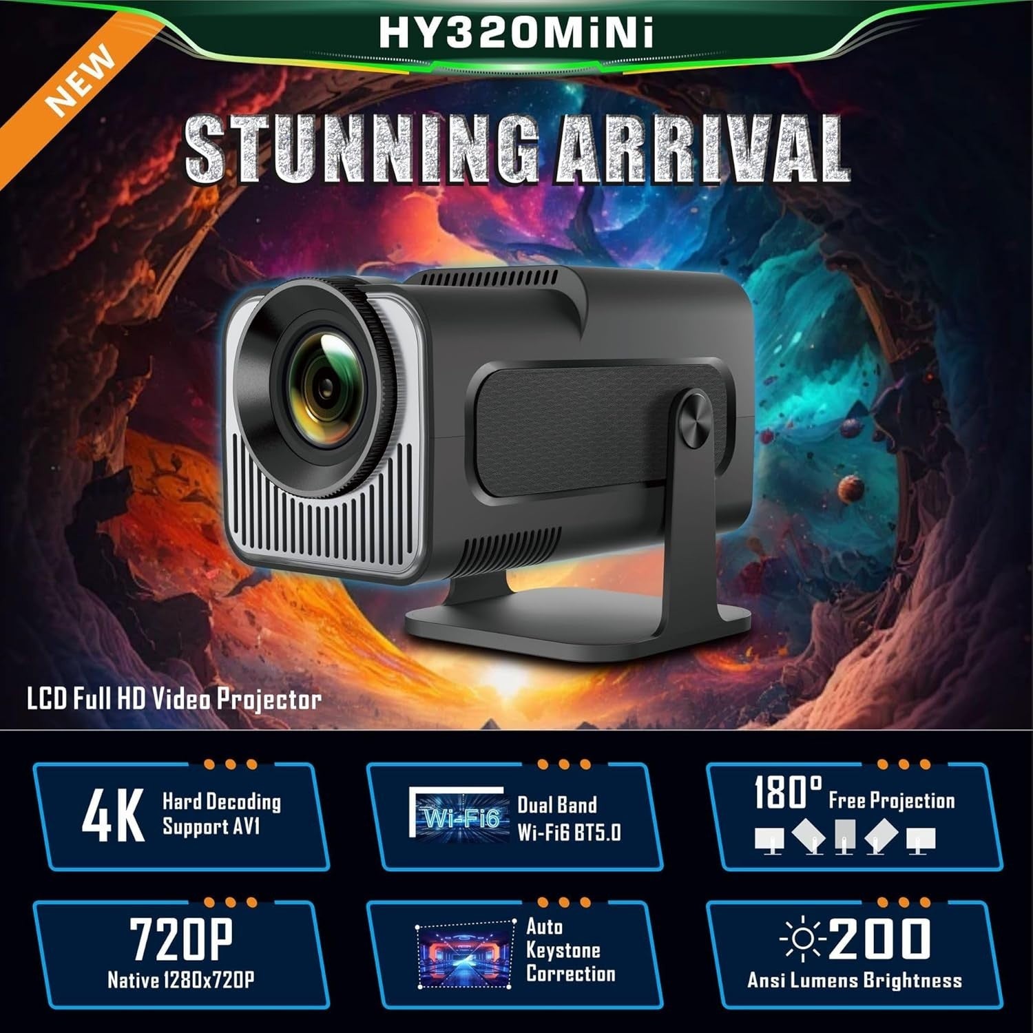 1080P Smart Projector 4K Support WiFi Bluetooth Android 300” Screen