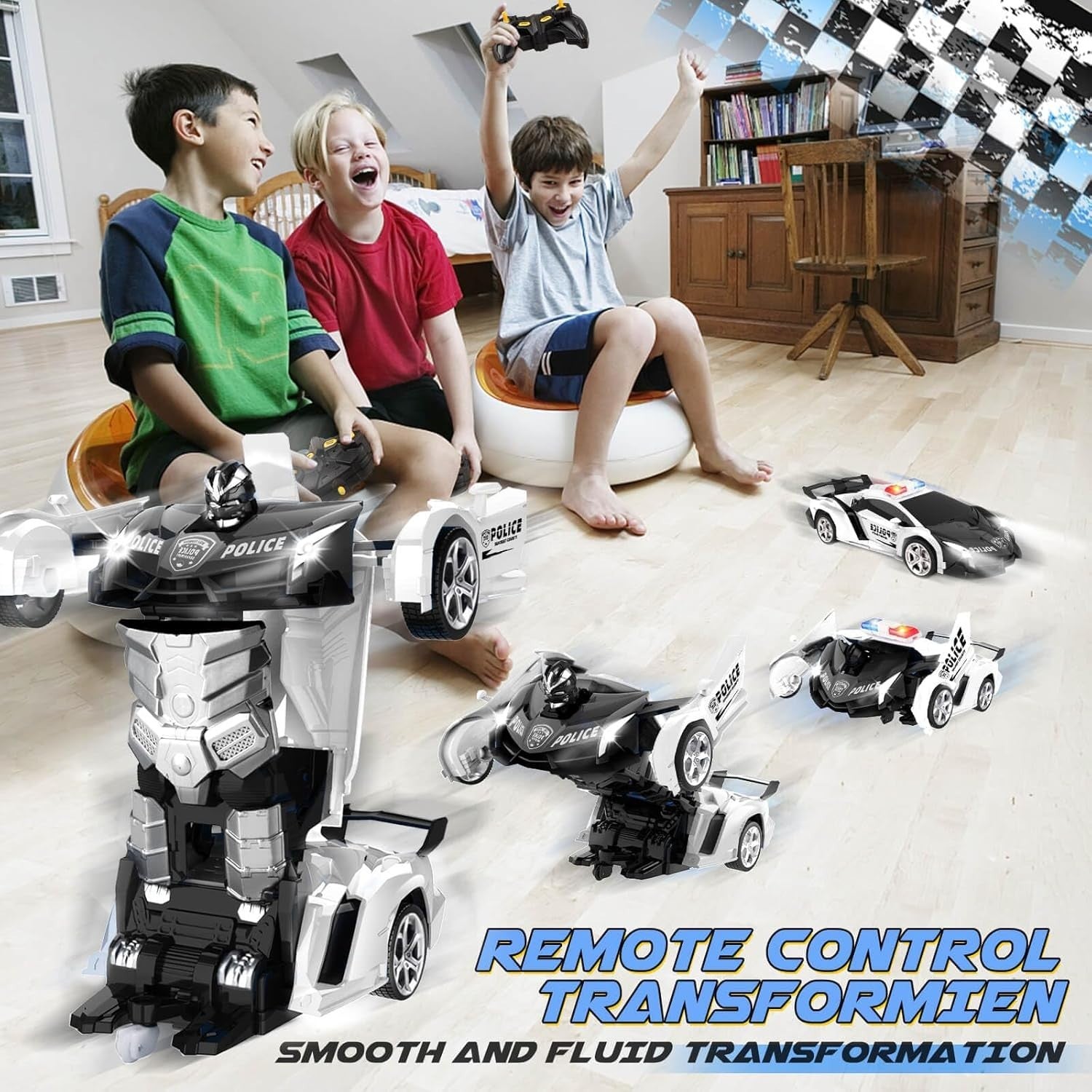 2-in-1 RC Police Car Robot Transforming 360° Spin Toy for Boys Age 3–8