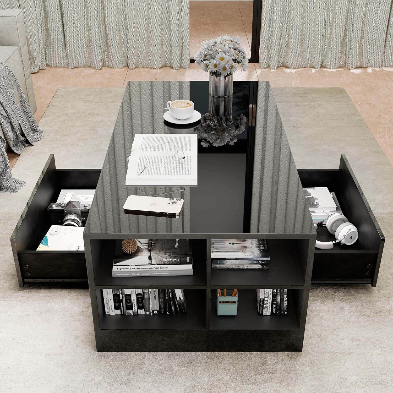 Blisswood LED Coffee Table with 2 Drawers, High Gloss Top & RGB Lights 95x55cm
