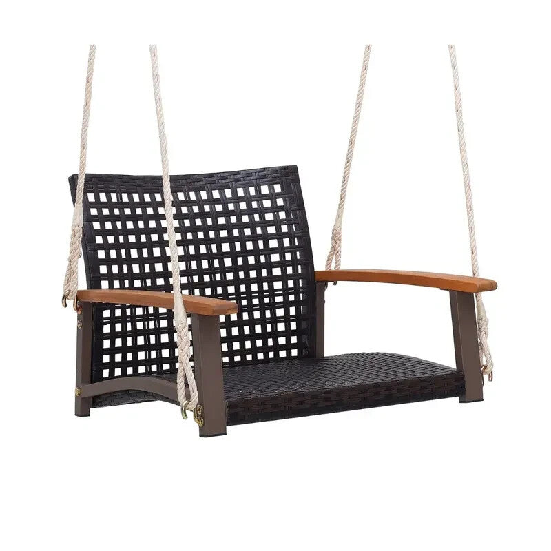 Rattan Porch Swing 2-Seater Acacia Armrests Outdoor Hanging Chair 180 kg