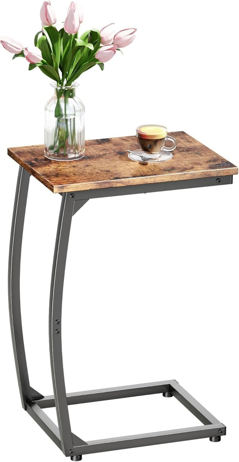 C Shape Brown Side Table Sofa Laptop Snack Stand Narrow TV Tray for Living Room