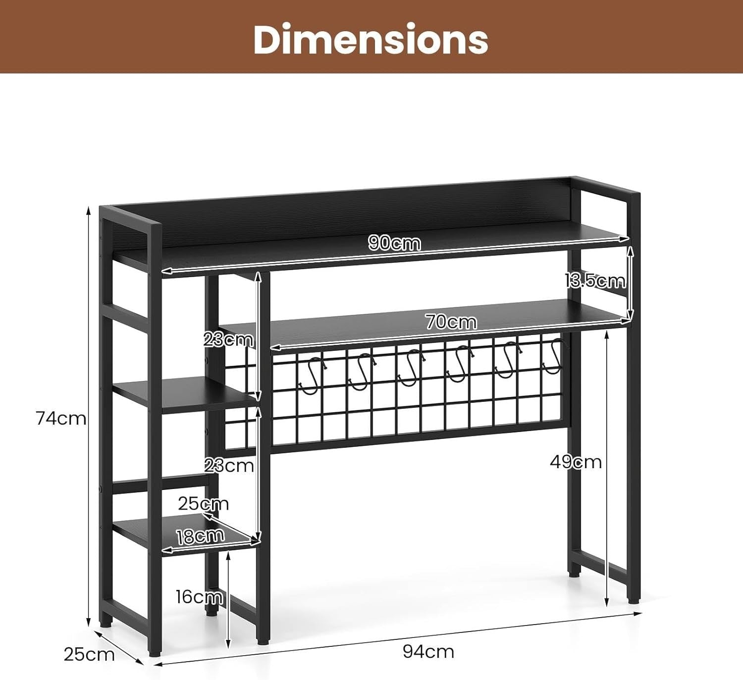 Desktop Bookshelf Hutch 4-Tier Monitor Shelf Storage Rack Grid Panel Hooks Black