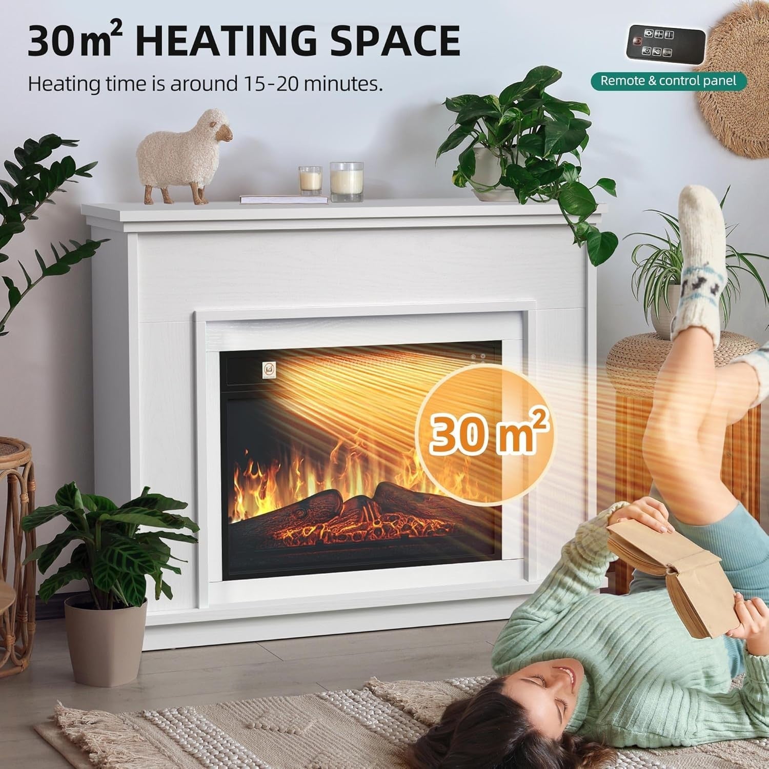 White LED Electric Fireplace Heater Surround Remote 16 Colour Timer 26”