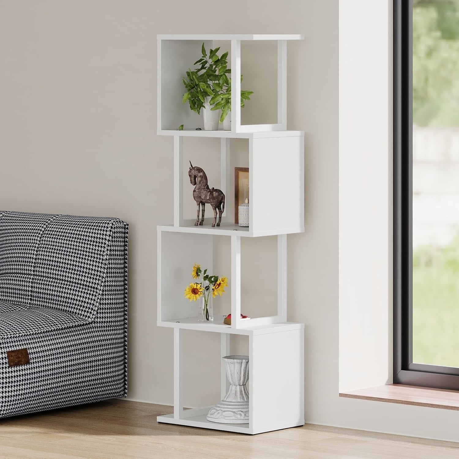 5-Tier S-Shaped Corner Bookcase with 6-Colour LED Lights White Display Shelf Uni