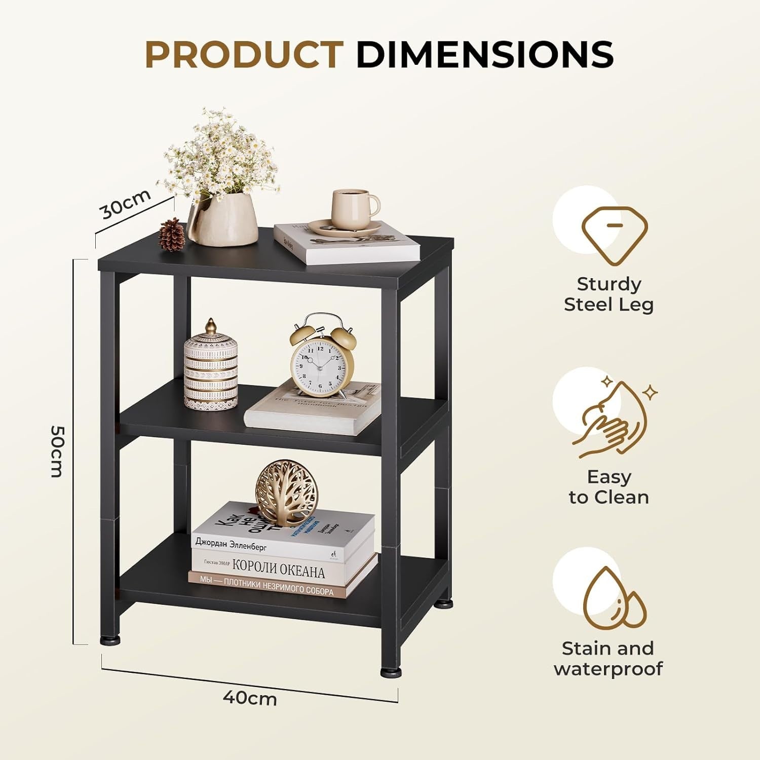Slim 3-Tier Black Side Table – Narrow Bedside or Sofa Storage for Small Spaces