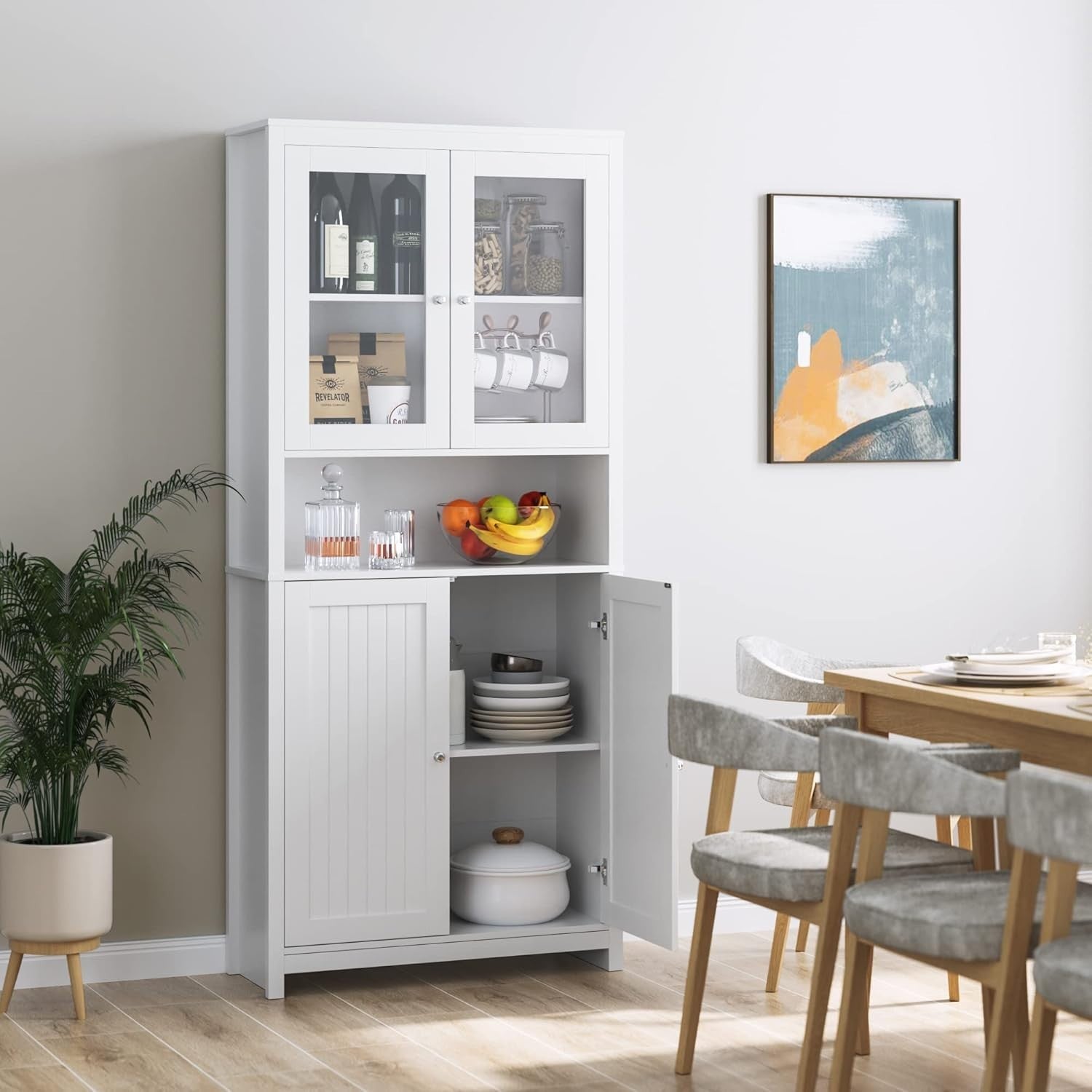 White Tall Kitchen Cupboard 190cm Pantry Cabinet Glass & Wood Doors