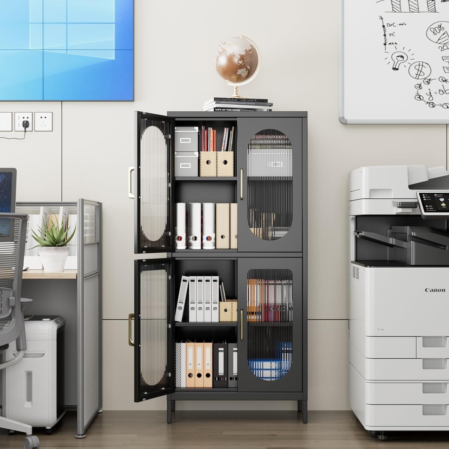 155cm Tall & Adjustable 4-Door Black Metal Office Storage Cabinet