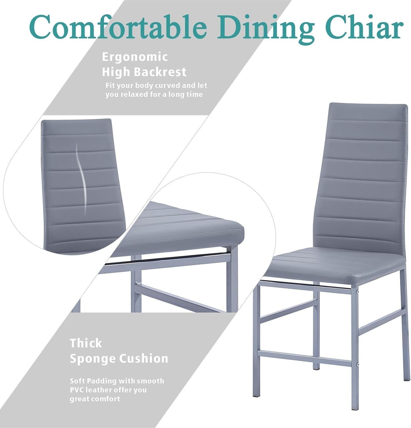 Round Glass Dining Table Set  of 4 Grey Faux Leather Chairs Compact Kitchen
