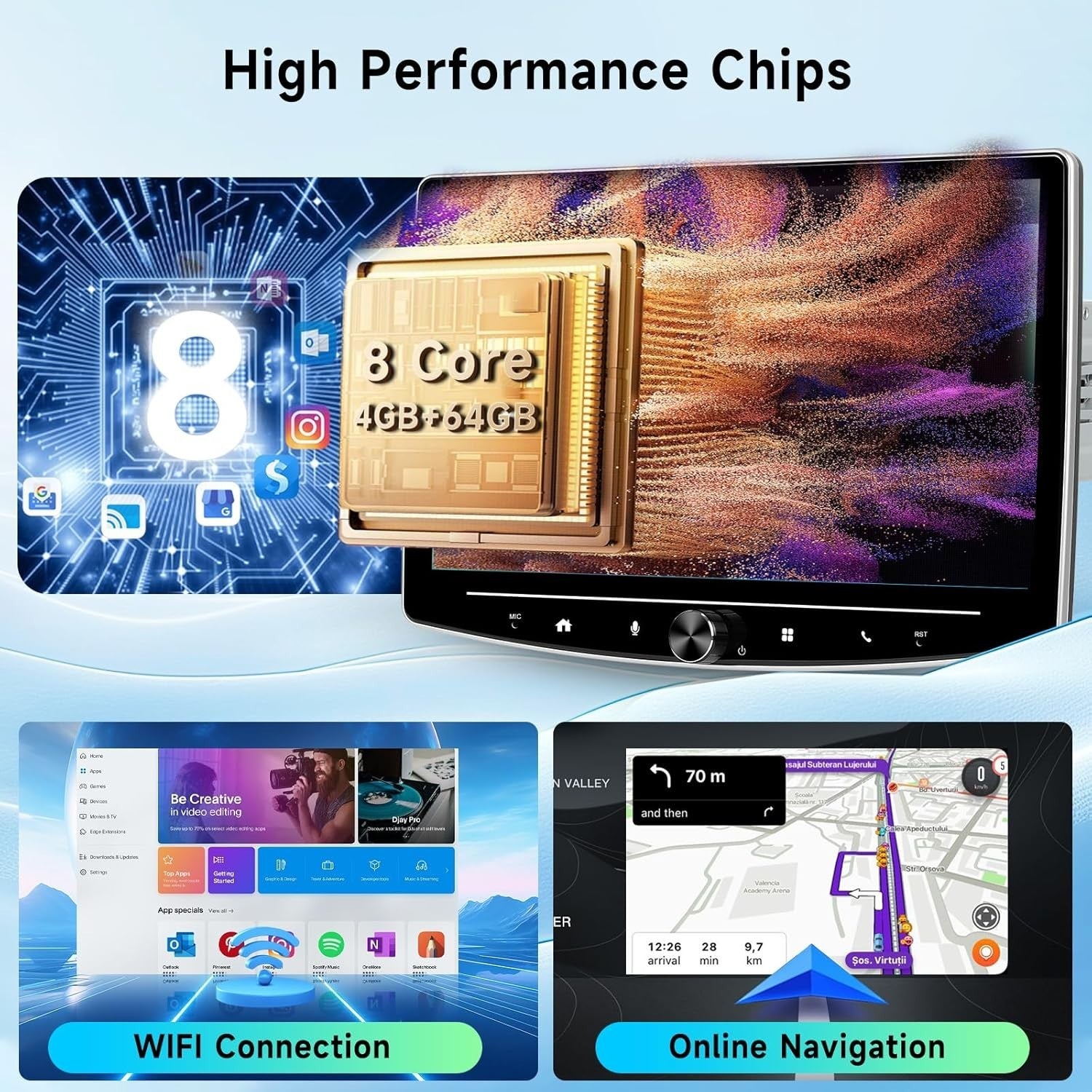 10.1" Android Car Stereo 1 Din Touchscreen Wireless CarPlay GPS Radio