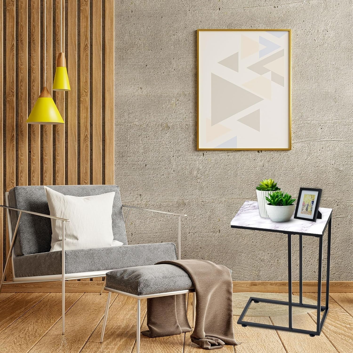 C Shaped Side Table, White Marble Effect Coffee Table for Sofa, Laptop & Snacks