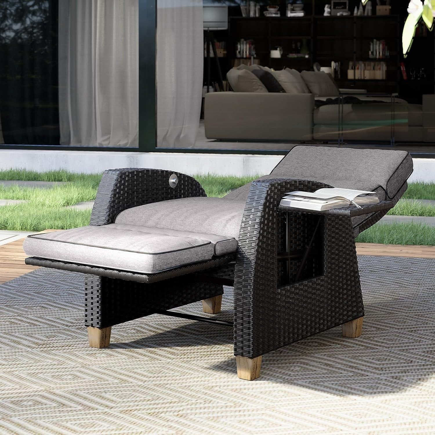 Adjustable Outdoor Recliner Patio Chair Wicker Sun Lounger Dark Gray