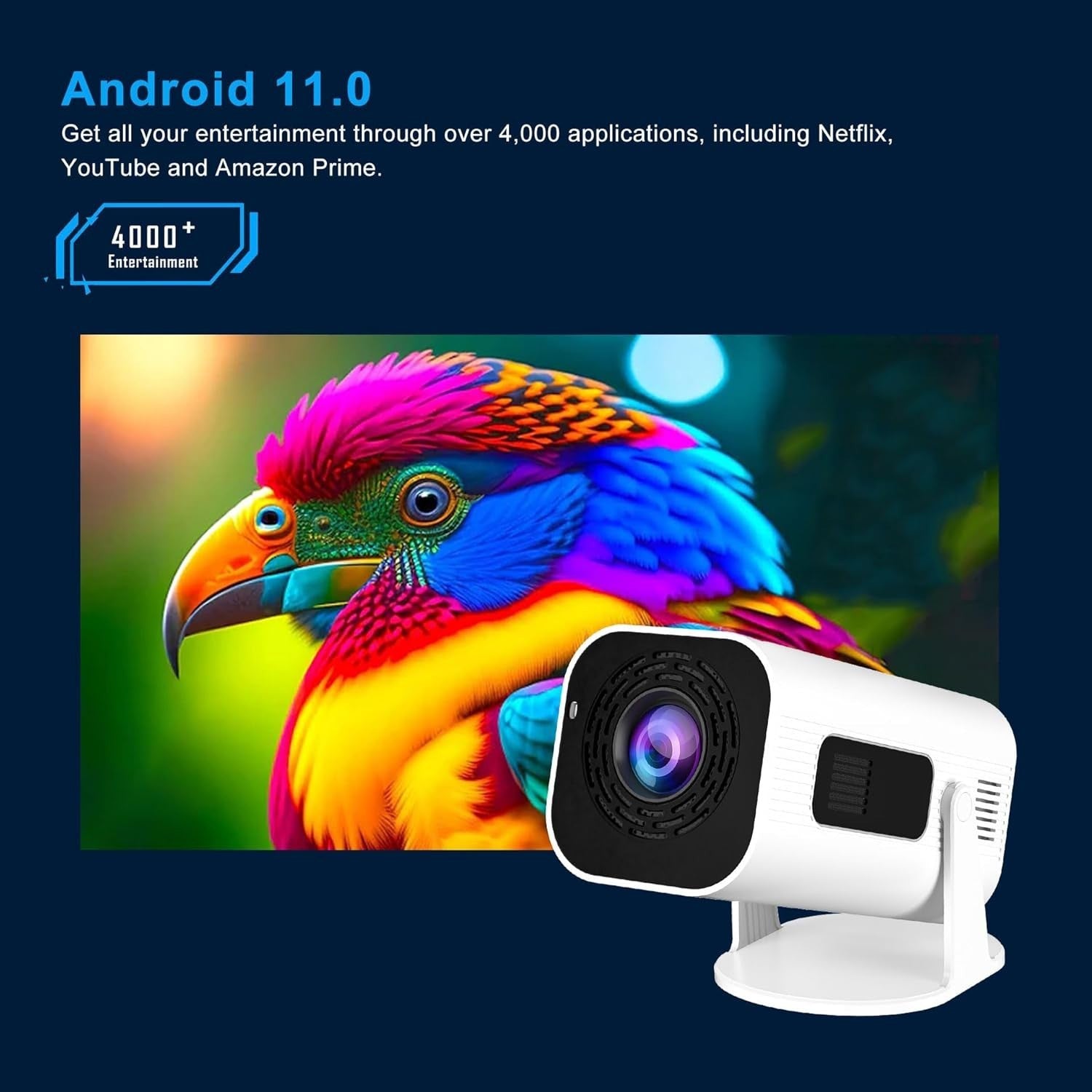 Mini 4K Smart Projector 1080P Android TV WiFi Bluetooth 180° Stand