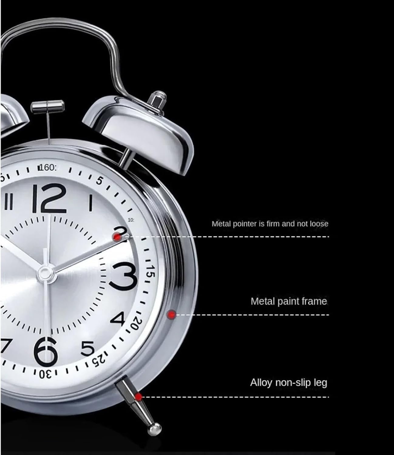 Twin Bell Alarm Clock Loud Silent Non Ticking Metal Retro Heavy Sleepers
