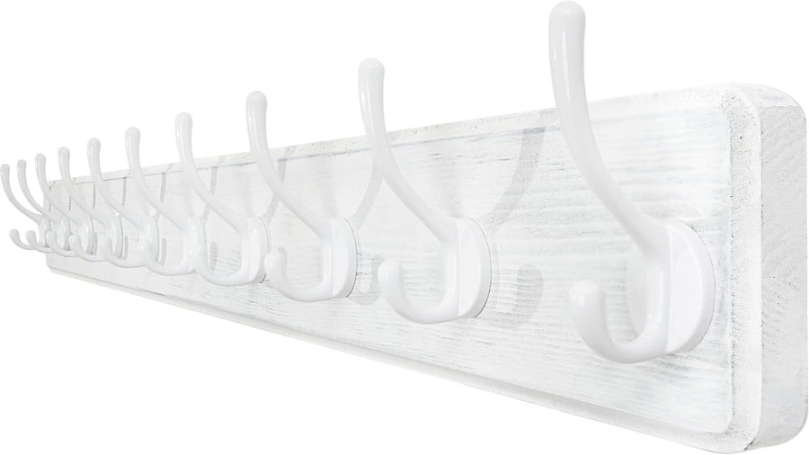 Wall Mounted Coat Rack 10 Hooks | 98cm Wooden Hanging Hook Rail White