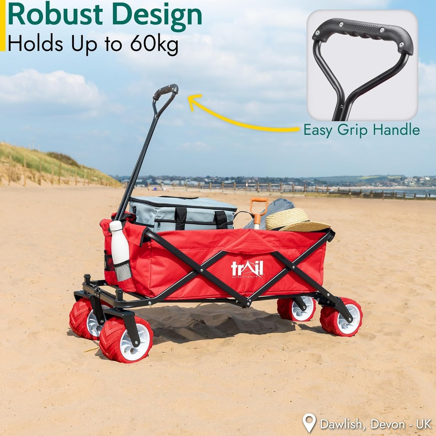 Folding Beach Camping Trolley Wagon 60kg Cart All Terrain Wheels Red Adjustable
