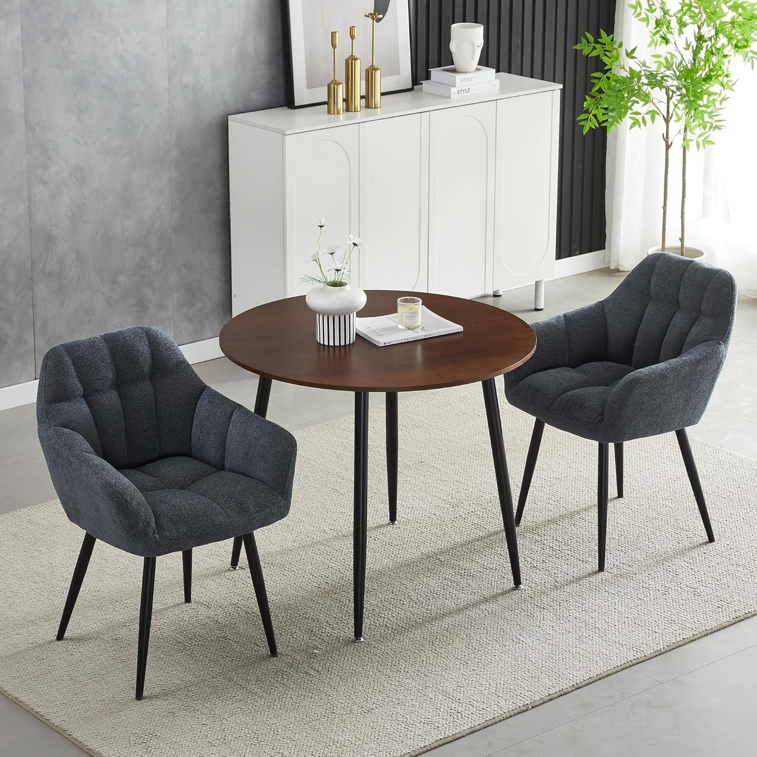 Modern Grey Round Dining Table Set w/ 2 Chairs – Walnut Effect Space-Saving Set