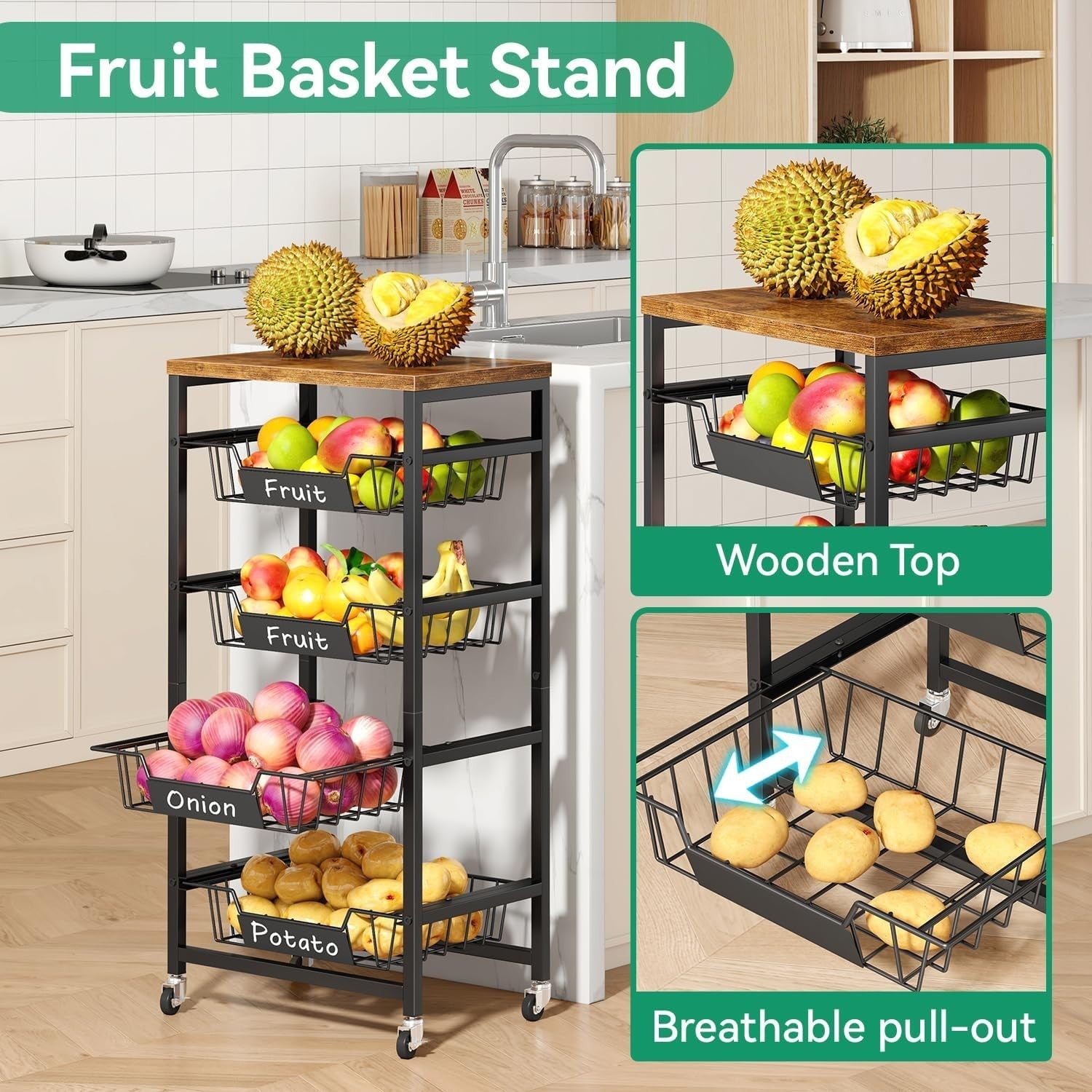 5 Tier Rolling Kitchen Storage Cart Fruit Basket Trolley Rustic Brown