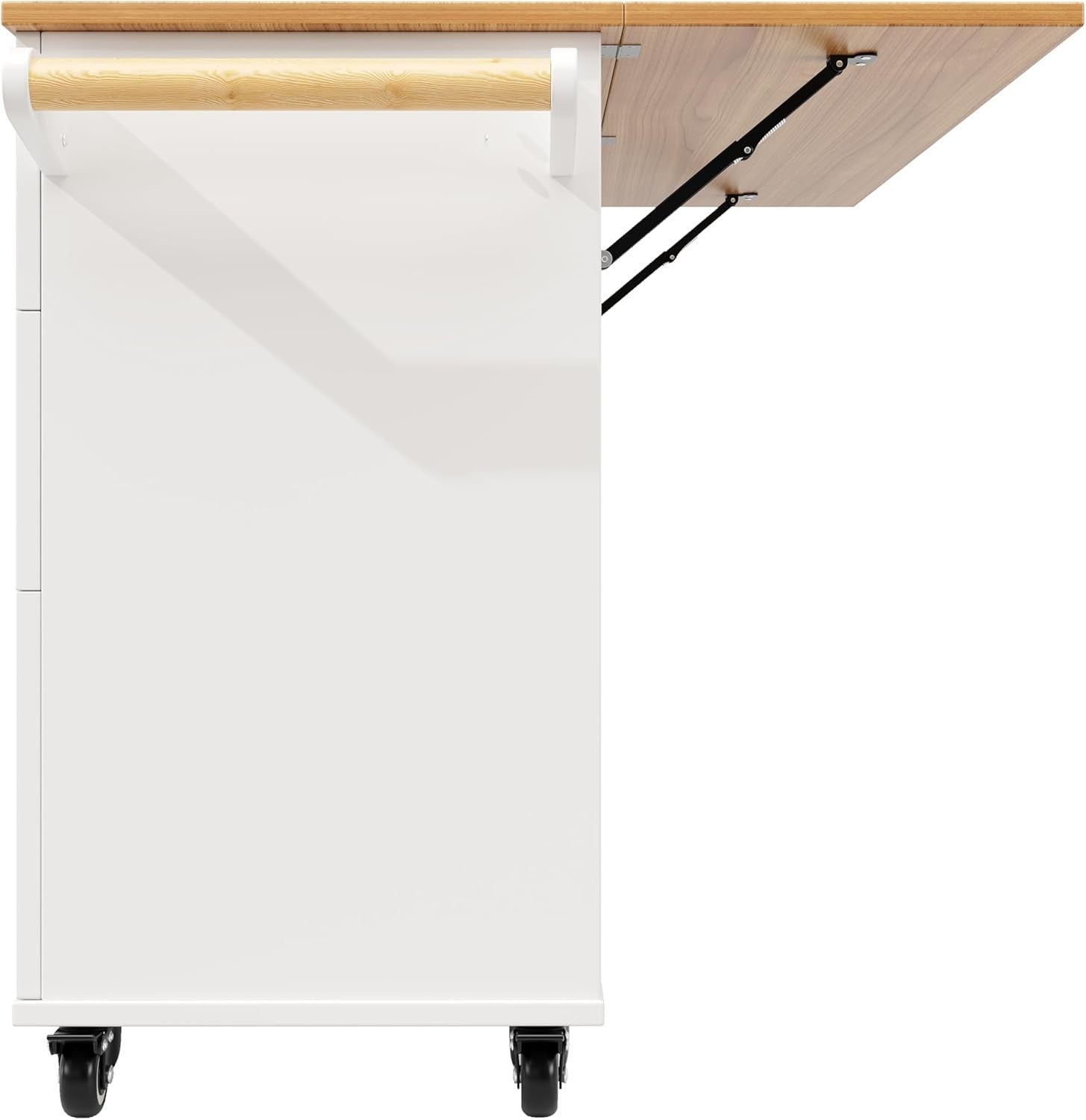 White Kitchen Island Trolley on Wheels w/ Drop Leaf, Drawers & Cabinet