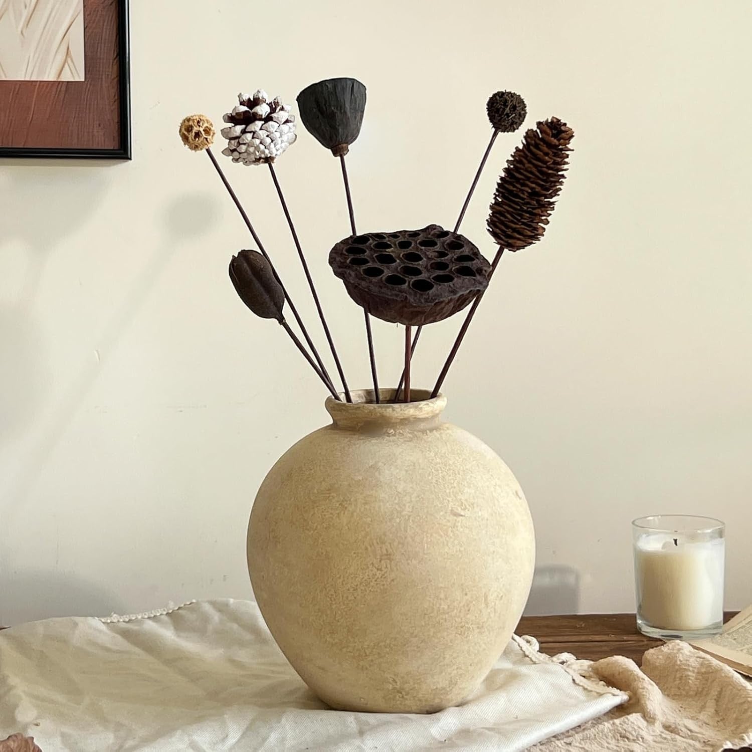 Beige Rustic Ceramic Vase 22cm Terracotta Table Centrepiece Home Decor