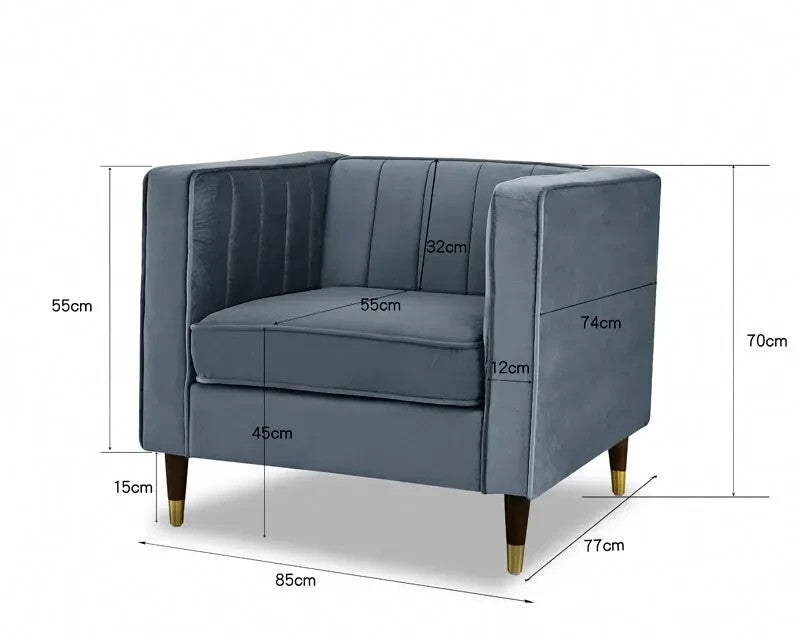 Grey Velvet Armchair Single Seater Sofa Gold Legs Plush Lounge Chair
