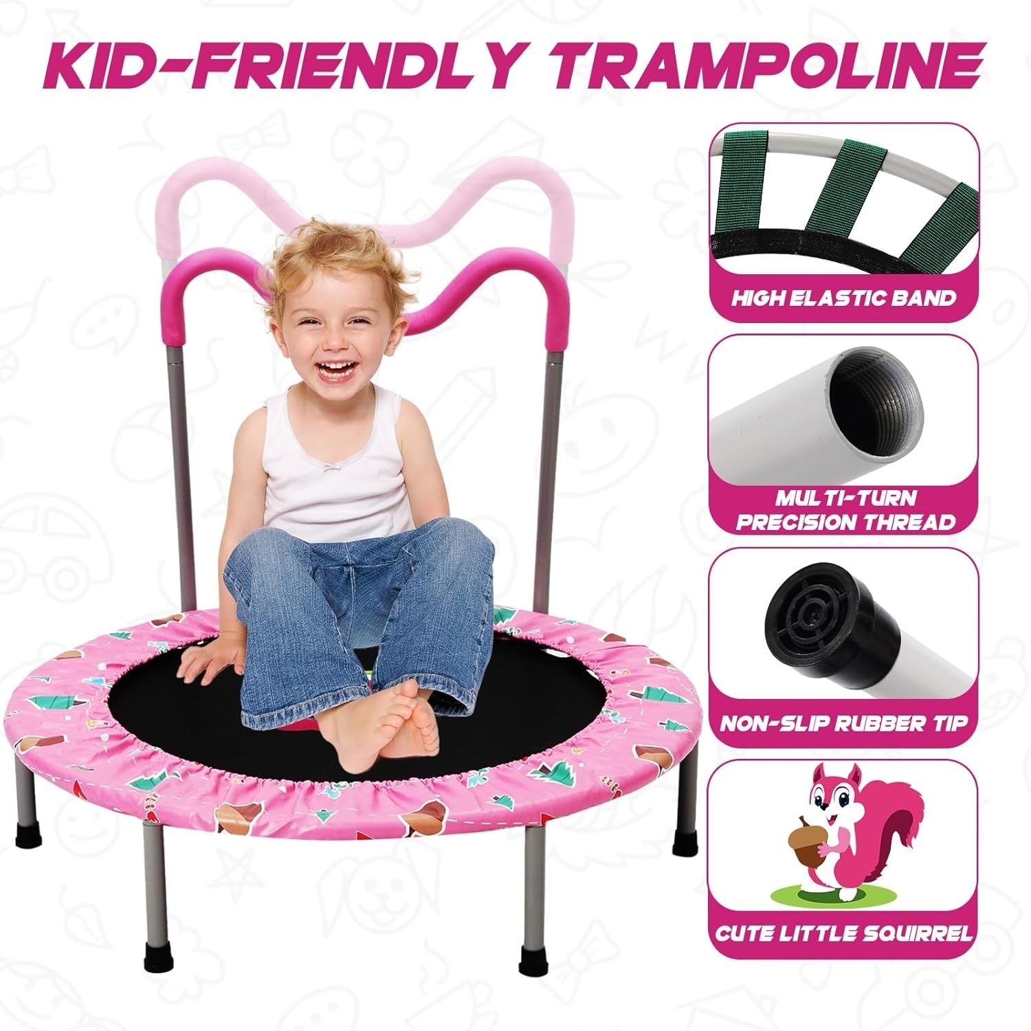 36in Toddler Trampoline Adjustable Handle Foldable Indoor Outdoor